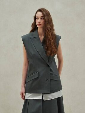 Oversized gray women Vest sleeveless blazer suit